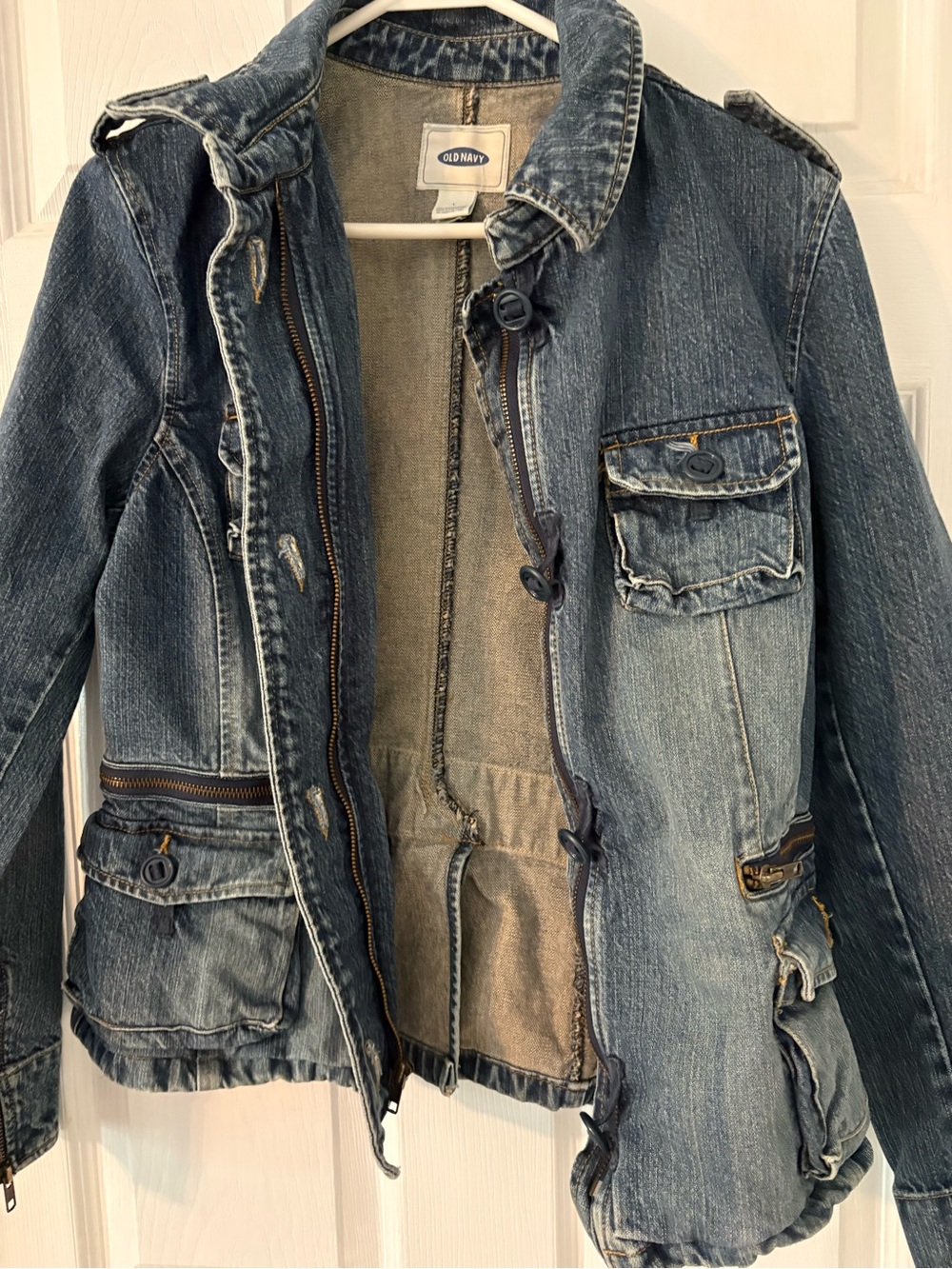 Old Navy Denim Utility Jacket Cargo Pocket Zip Front Blue Large - Picture 4 of 12
